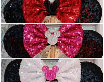 Classic Black Red Pink White Sparkle Jewel Disney Minnie and Mickey Inspired Mouse Style Ears Headband Sparkly Sequin