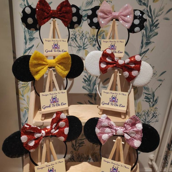 Polka Dot Classic Disney Minnie and Mickey Inspired Mouse Style Ears Headband Sparkly Sequin White Red Black Yellow Pink