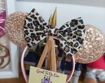 Animal Kingdom Leapard Print Disney Minnie and Mickey Inspired Mouse Style Ears Headband Sparkly Sequin Rose Gold