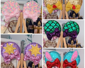 Mouse Ears Hair Clips Disney Minnie and Mickey Inspired Princess Sparkly Sequin Pink Purple Green Blue Yellow White
