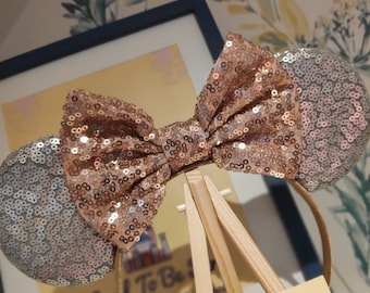 Silver and Rose Gold Princess Iridescent Disney Minnie and Mickey Inspired Mouse Style Ears Headband Sparkly Sequin