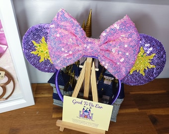 Rapunzel Princess Disney Minnie and Mickey Inspired Mouse Style Ears Headband Sparkly Sequin Lilac Pink Gold Sun