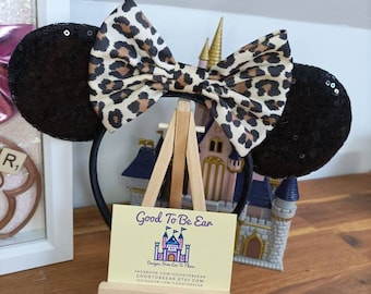 Animal Kingdom Leapard Print Disney Minnie and Mickey Inspired Mouse Style Ears Headband Sparkly Sequin Black