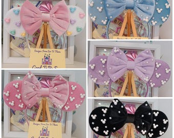 Velvet Matte Pearl Classic Disney Minnie and Mickey Inspired Mouse Style Ears Headband Blue Lilac Black