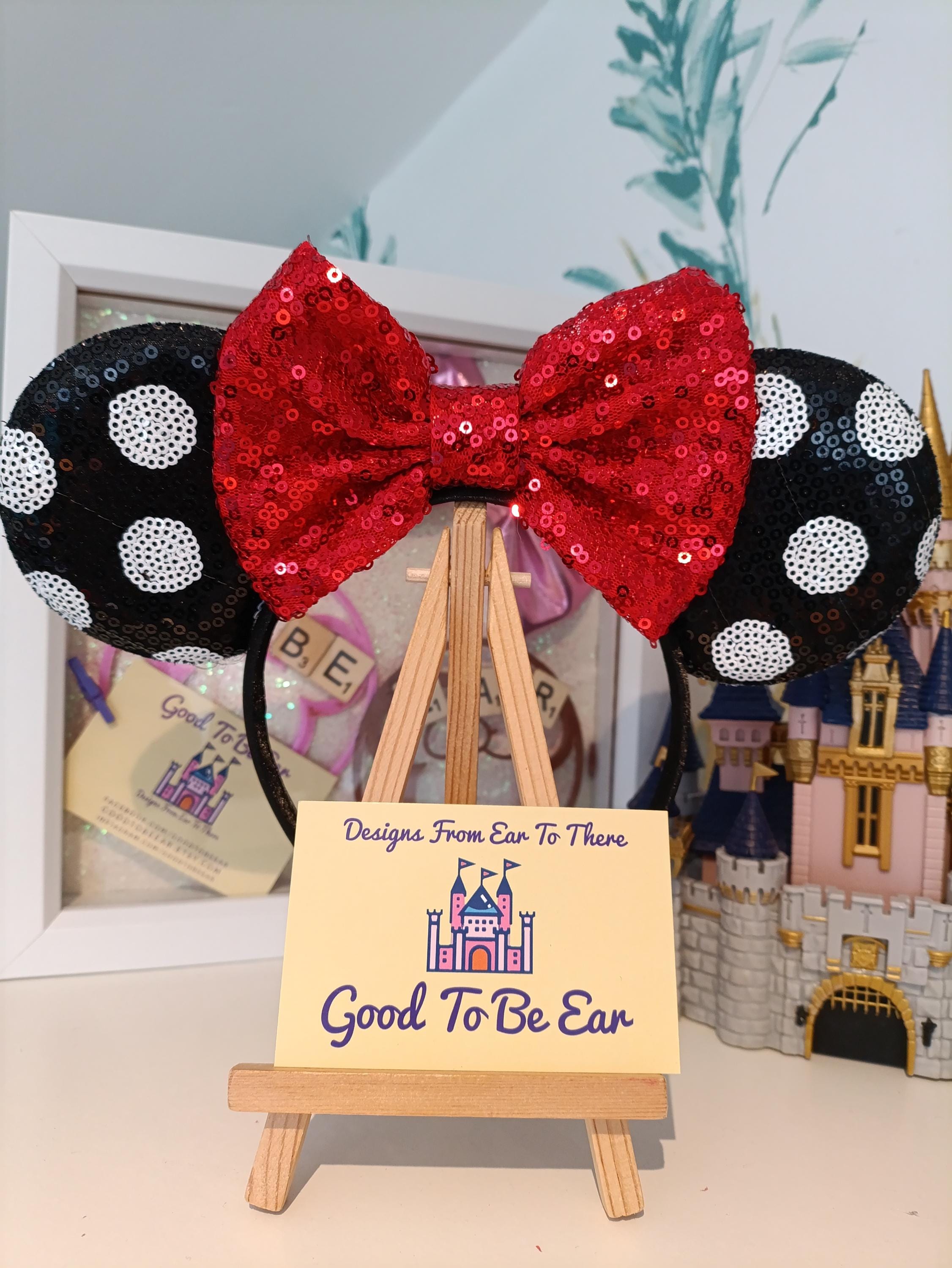 Disney Black Sequin Minnie Ears Headband with White & Red Metallic Polka Dot Bow Classic Minnie Ears - Black Faux Glitter, Red Dots  main image 3