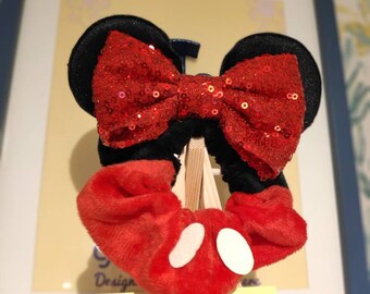 Classic Disney Minnie and Mickey Inspired Mouse Style Ears Scrunchie Hair Tie Bobble Sparkly Sequin Black Red White