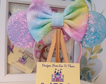 Pastel Rainbow Disney Minnie and Mickey Inspired Mouse Style Ears Headband Sparkly Sequin Rainbow Lilac