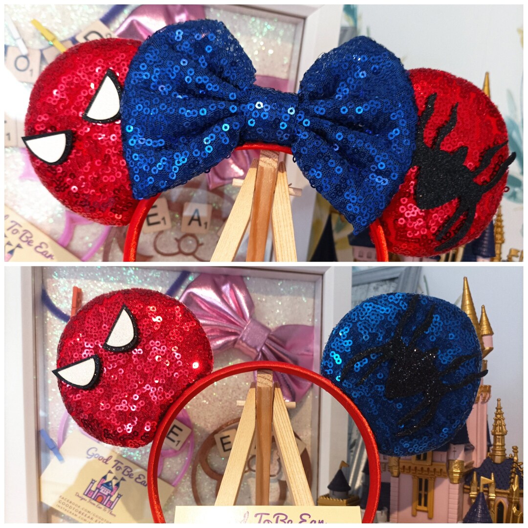 Red and Blue Sequin Spider-Man Minnie ears Spiderman Mickey Ears, Blue Minnie Mouse Ears With Red Bow  main image 4