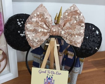 Classic Rose Gold Disney Minnie and Mickey Inspired Mouse Style Ears Headband Sparkly Sequin Black Rose Gold