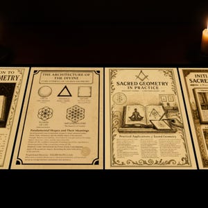 May include: Four vintage-style posters with illustrations and text about sacred geometry. The posters are titled "Introduction to Sacred Geometry", "The Architecture of the Divine", "Sacred Geometry in Practice", and "Initiation into Sacred Geometry".