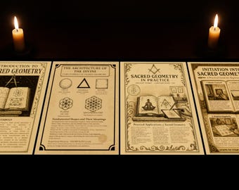 May include: Four vintage-style posters with illustrations and text about sacred geometry. The posters are titled "Introduction to Sacred Geometry", "The Architecture of the Divine", "Sacred Geometry in Practice", and "Initiation into Sacred Geometry".