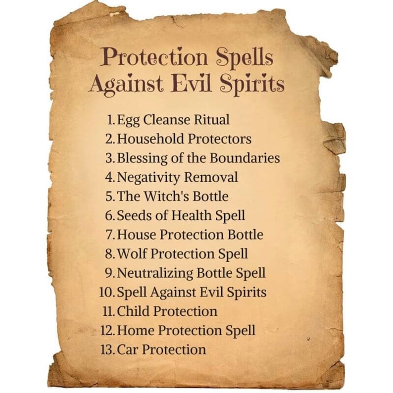 May include: A list of protection spells against evil spirits written on a parchment-like background. The list includes spells such as Egg Cleanse Ritual, Household Protectors, Blessing of the Boundaries, Negativity Removal, The Witch's Bottle, Seeds of Health Spell, House Protection Bottle, Wolf Protection Spell, Neutralizing Bottle Spell, Spell Against Evil Spirits, Child Protection, Home Protection Spell, and Car Protection.