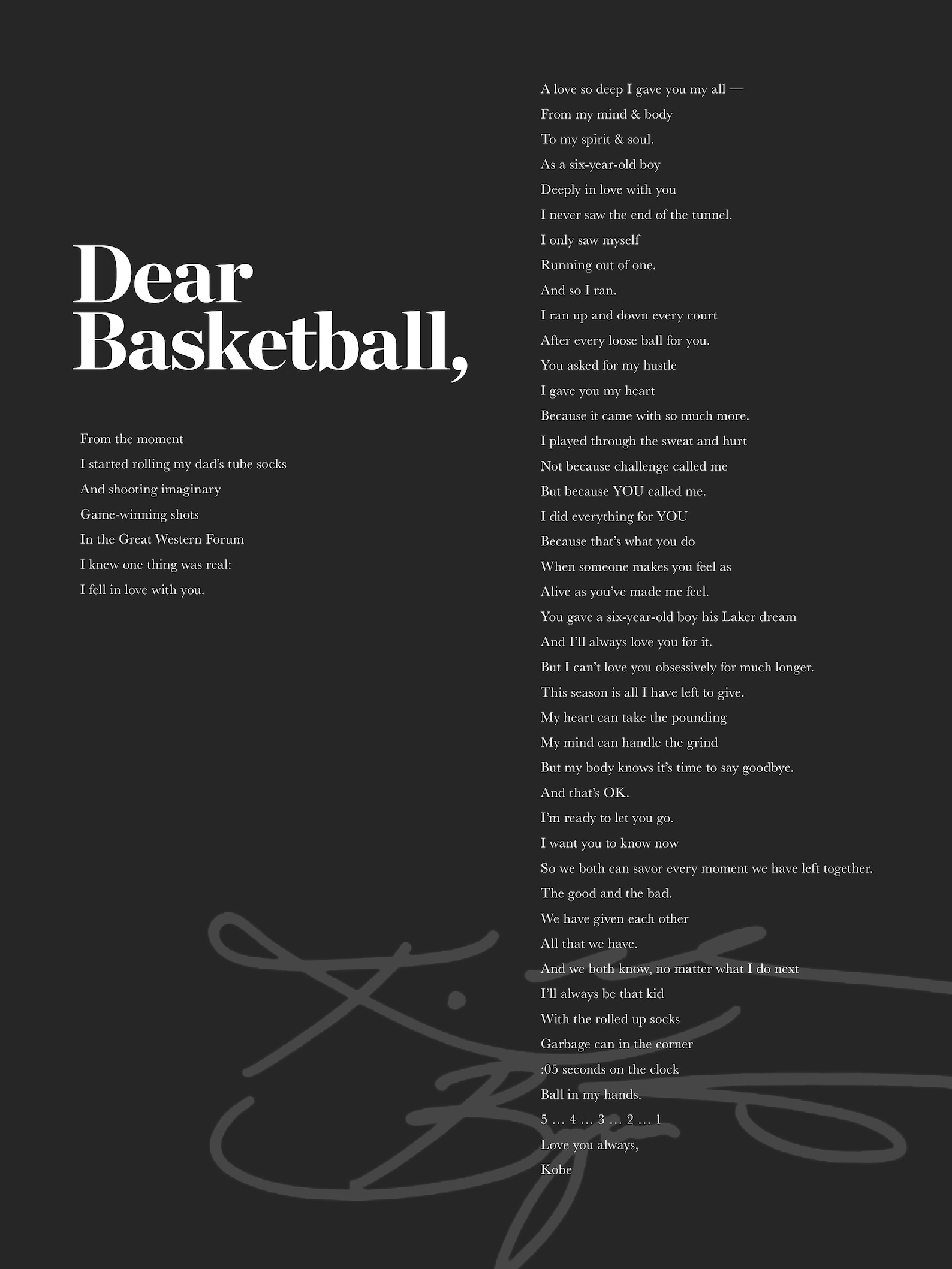 Printable Kobe Bryant Dear Basketball Poem Digital Download Etsy