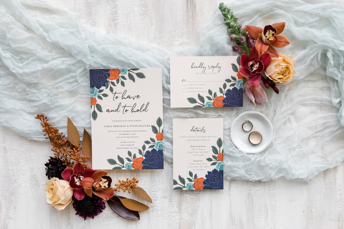 Wedding Invitation Package // Floral Navy Blue // Touch of image 1