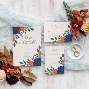 Wedding Invitation Package // Floral Navy Blue // Touch of Orange // Light Blue