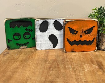Handmade Rustic Wood Halloween Decor Set, Frankenstein, Ghost, Pumpkin Signs