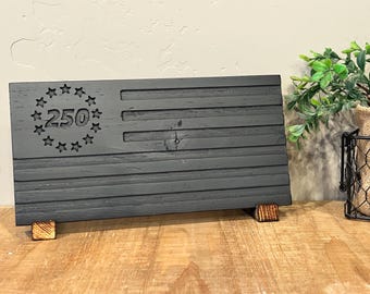 Handmade CNC Carved Wood Flag, 250th Anniversary Patriotic Decor, Black Pine (4.75" x 9.375")