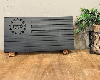 Handmade CNC Carved Wood Flag, 1776 Patriotic Americana Decor, Black Pine (4.75" x 9.375")