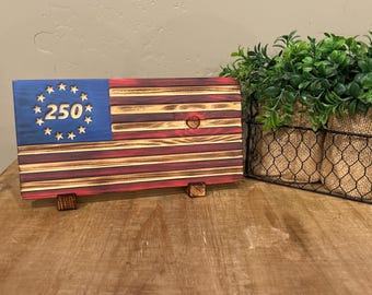 Handmade Wood Flag, CNC Carved 250th Anniversary Patriotic Decor, Repurposed Pine