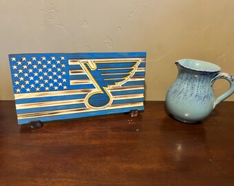 Handmade Blues Wood Flag, NHL Hockey Decor, Fathers Day Gift