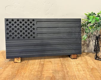 Handmade Black Wood American Flag, CNC Carved, Repurposed Pine, Farmhouse Decor
