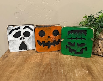 Handmade Rustic Wood Halloween Decor Set, Frankenstein, Ghost, Pumpkin (Set of 3)
