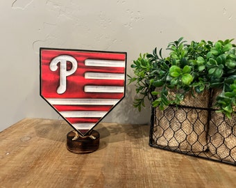 Phillies desk decor, Handcrafted Rustic Wood American Flag - Patriotic Home Decor