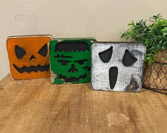 Handmade Rustic Wood Halloween Decor Set, Frankenstein, Ghost, Pumpkin (Set of 3)