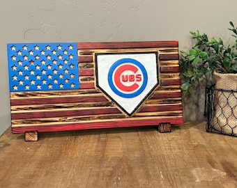 CNC Carved Chicago Cubs Wood Flag Sign, Rustic Baseball Decor, Man Cave Gift