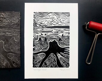 Bodies Like Oceans 3\u2013 Hand Carved Linoleum Block Print