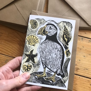 Cartão de felicitações Puffin - cartão de pássaro - cartão de impressão linóleo