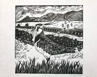 Lapwing and landscape linocut - bird wall art - limited edition lino print