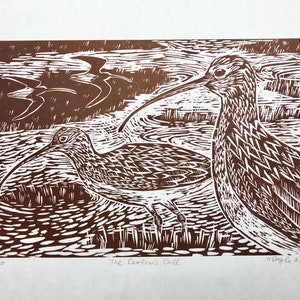 Curlew woodcut print - limited edition bird nature wall art
