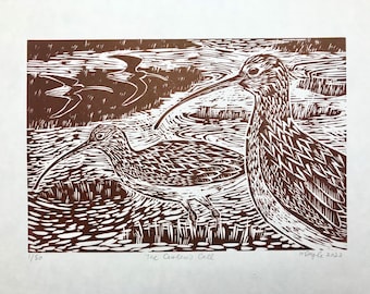 Curlew woodcut print - limited edition bird nature wall art