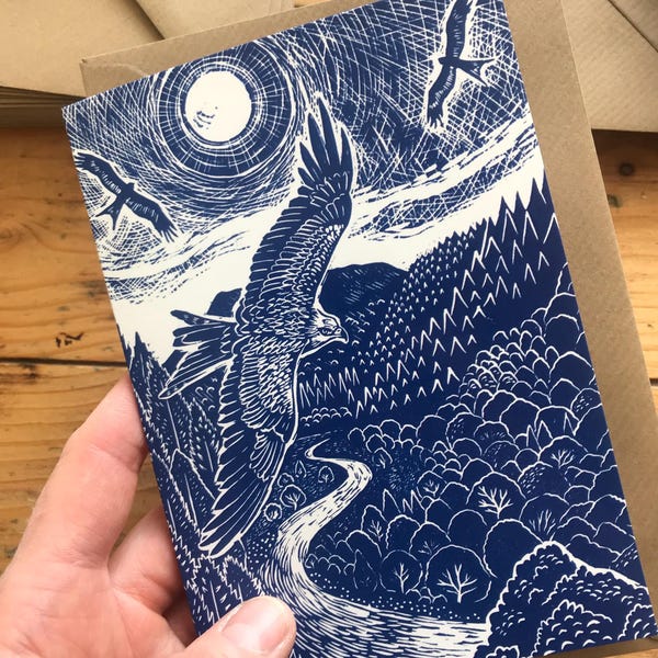 Red Kite Lino Print Greeting Card - Bird Landscape Art
