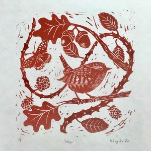 Wren lino print - bird wall art linocut