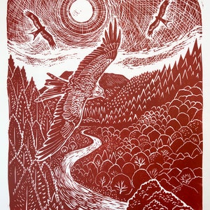 Red kite and forest lino print - limited edition bird wall art (terracotta red)