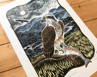 Osprey and river linocut - limited edition bird of prey print