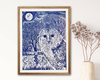 Owl and full moon woodcut print - limited edition bird art print