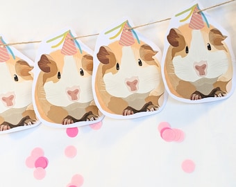 May include: A string of four brown and white guinea pig party decorations with party hats. The decorations are hanging on a string with pink confetti below.