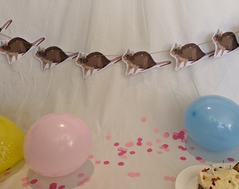 May include: A birthday party decoration with a string of brown mice wearing party hats, pink and blue balloons, and pink confetti on a white background.