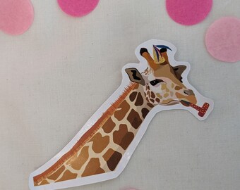 May include: A brown and tan giraffe sticker with a party hat and a party blower. The giraffe is wearing a party hat with a blue and yellow design. The giraffe is blowing a red and white party blower.