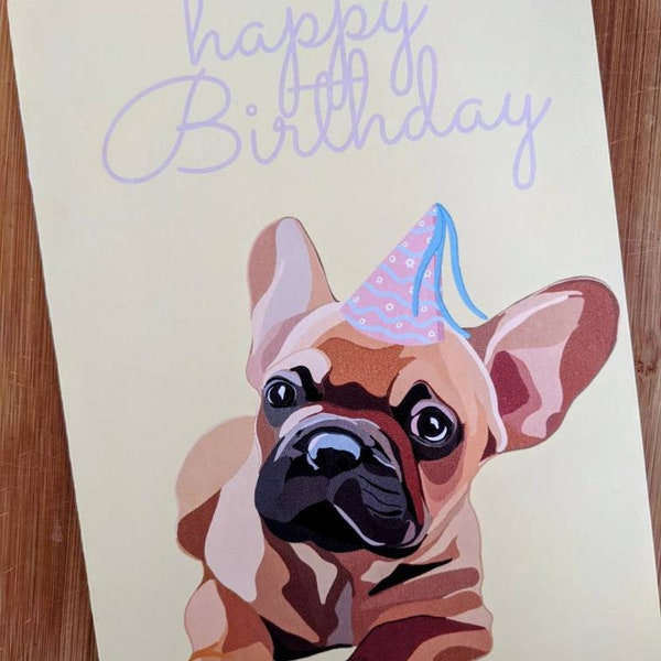 French Bulldog/ yellow/ blue/ birthday card / A4.