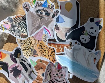 May include: A set of colourful party animal stickers featuring a variety of animals, including a raccoon, a zebra, a leopard, a cat, a panda, and a swan. The stickers are perfect for adding a fun and festive touch to any project.