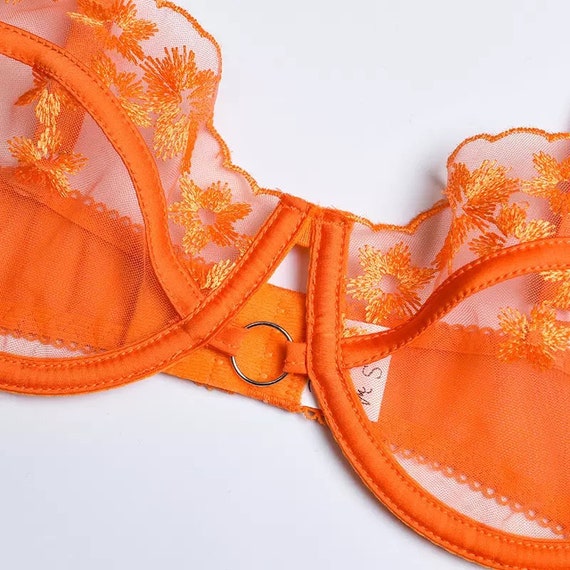Orange Embroidered Lace Strap Detail Lingerie Set