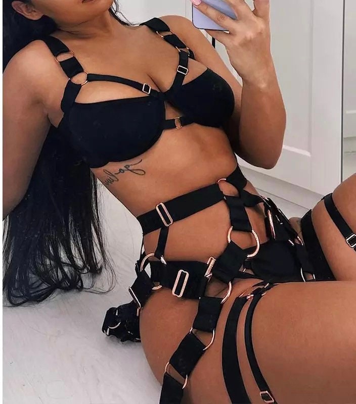 Sexy Black Harness Kinky Lingerie Set, See Through ,sheer Lingerie -   New Zealand