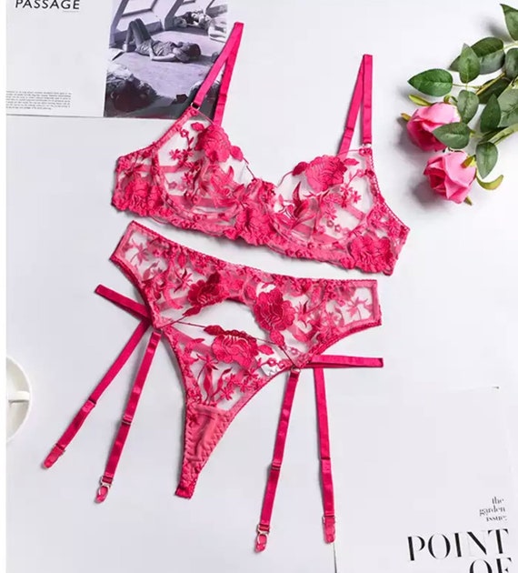Sexy Rose Pink Three Piece Lingerie Set, Christmas Gift, Wedding Gift Gift  for Girlfriend Gift for Wife Only Fans 