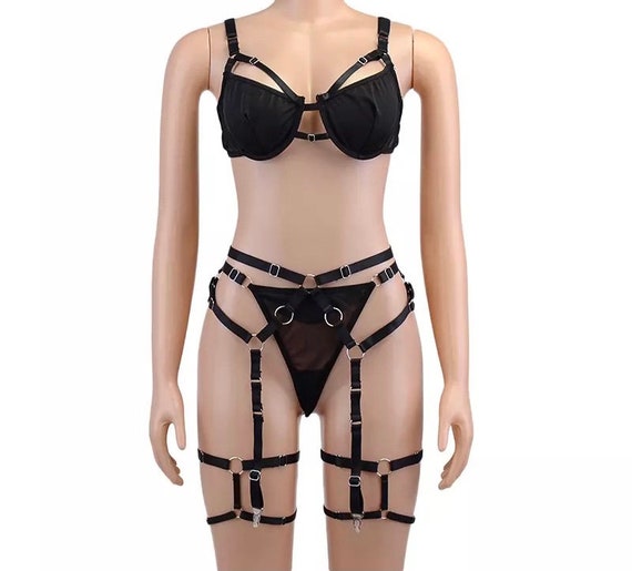 Sexy Black Harness Kinky Lingerie Set, See Through ,sheer Lingerie