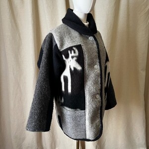 Vintage Norwegian Handwoven Wool Jacket Gray Black Moose Pattern Nordic Coat L image 3