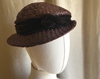 Vintage Stroh Strohhut mit Raffia Samtborte in braun 1940er Jahre